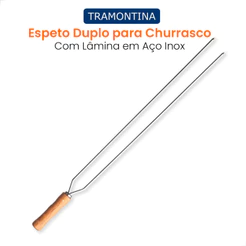 Espeto Duplo 85cm Churrasco Tramontina Lamina Aço Inox Cabo de Madeira Natural Resistente à ferrugem
