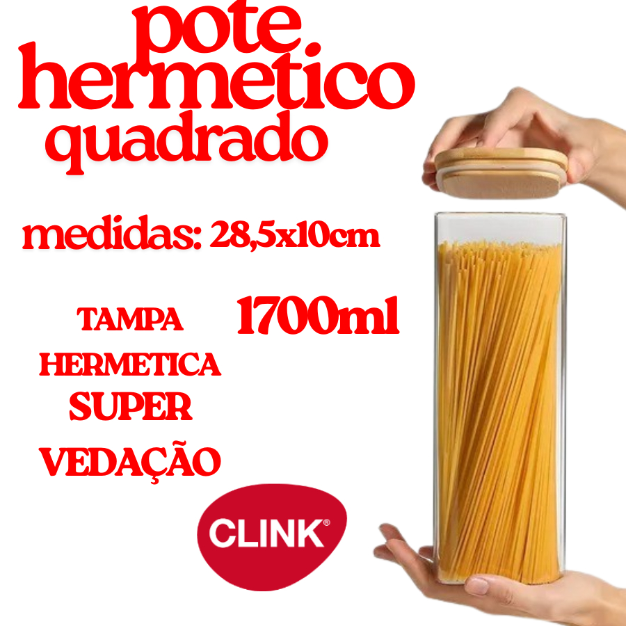 Pote Hermético Quadrado 28,5x10cm Vedação Potente Para Cozinha Armazenamento Alimentos Plástico