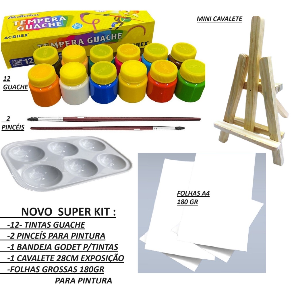 cavaleteTinta Tempera Guache Acrilex 12 Cores 2 Pincéis folhas grossas - - TEM 4 opções a SELECIONAR