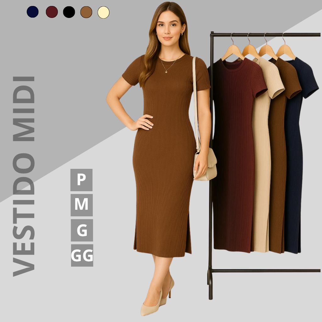 Vestidos Feminino Midi Canelado de Manga Curta Com Fenda Lateral Tubinho Basica Casual