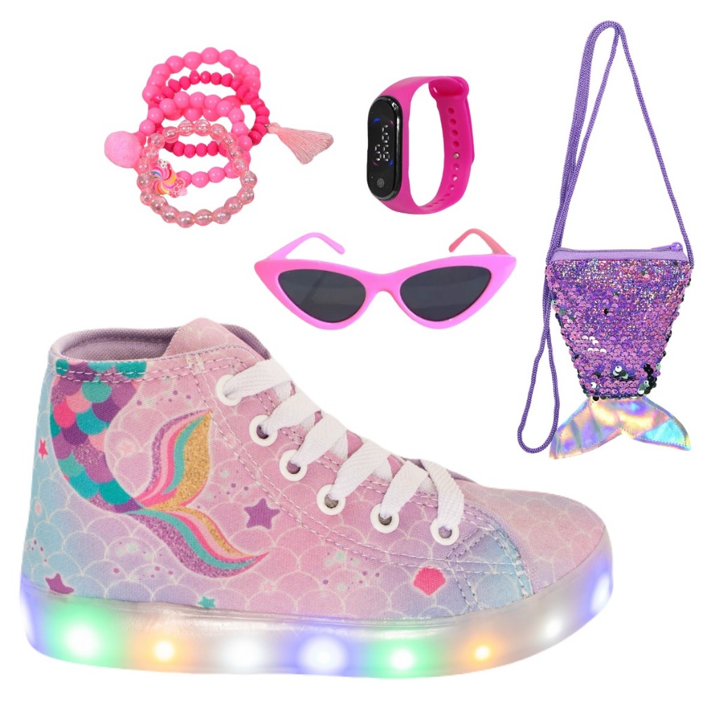 Tênis Infantil Led Feminino Cano Alto Botinha Sereia + Óculos Relógio Pulseira Bolsa Cauda