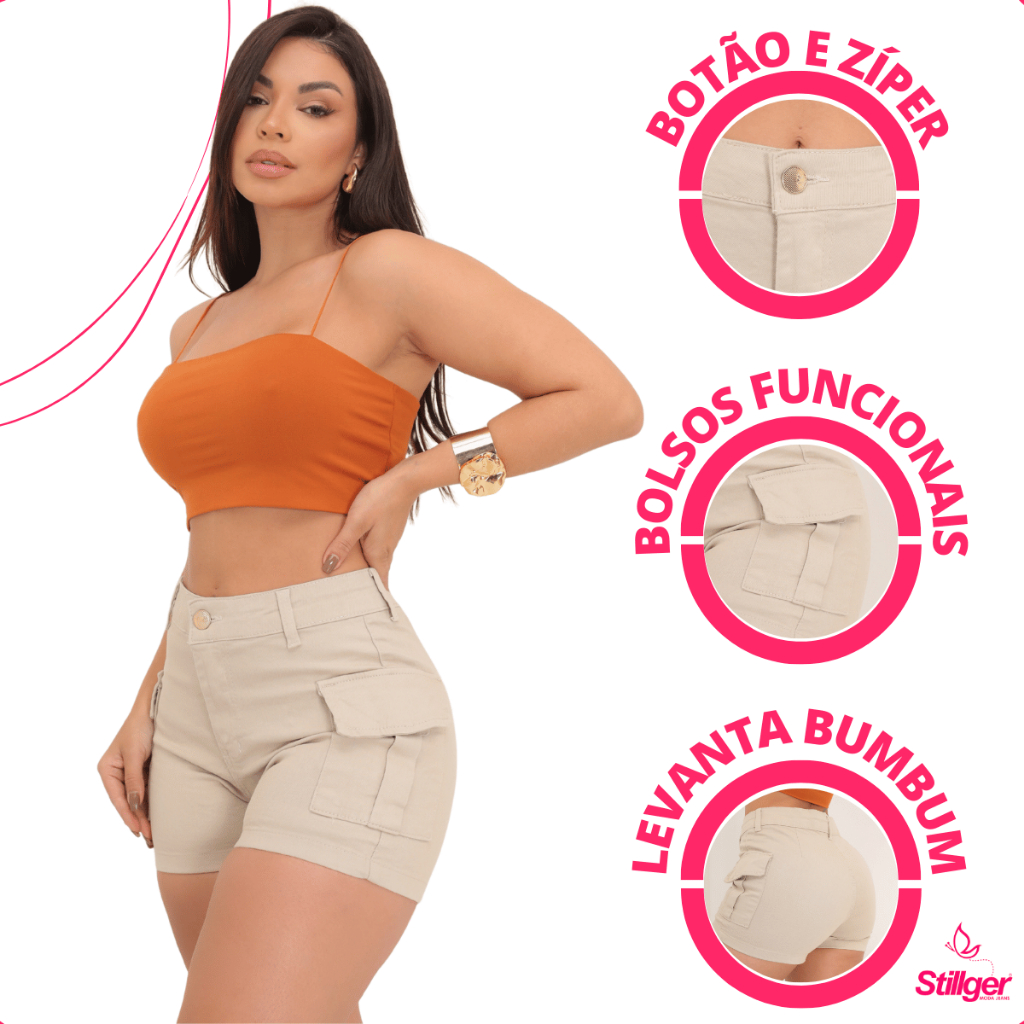 Short Jeans Cargo Cintura Alta Levanta Bumbum Com Lycra - Women Clothes