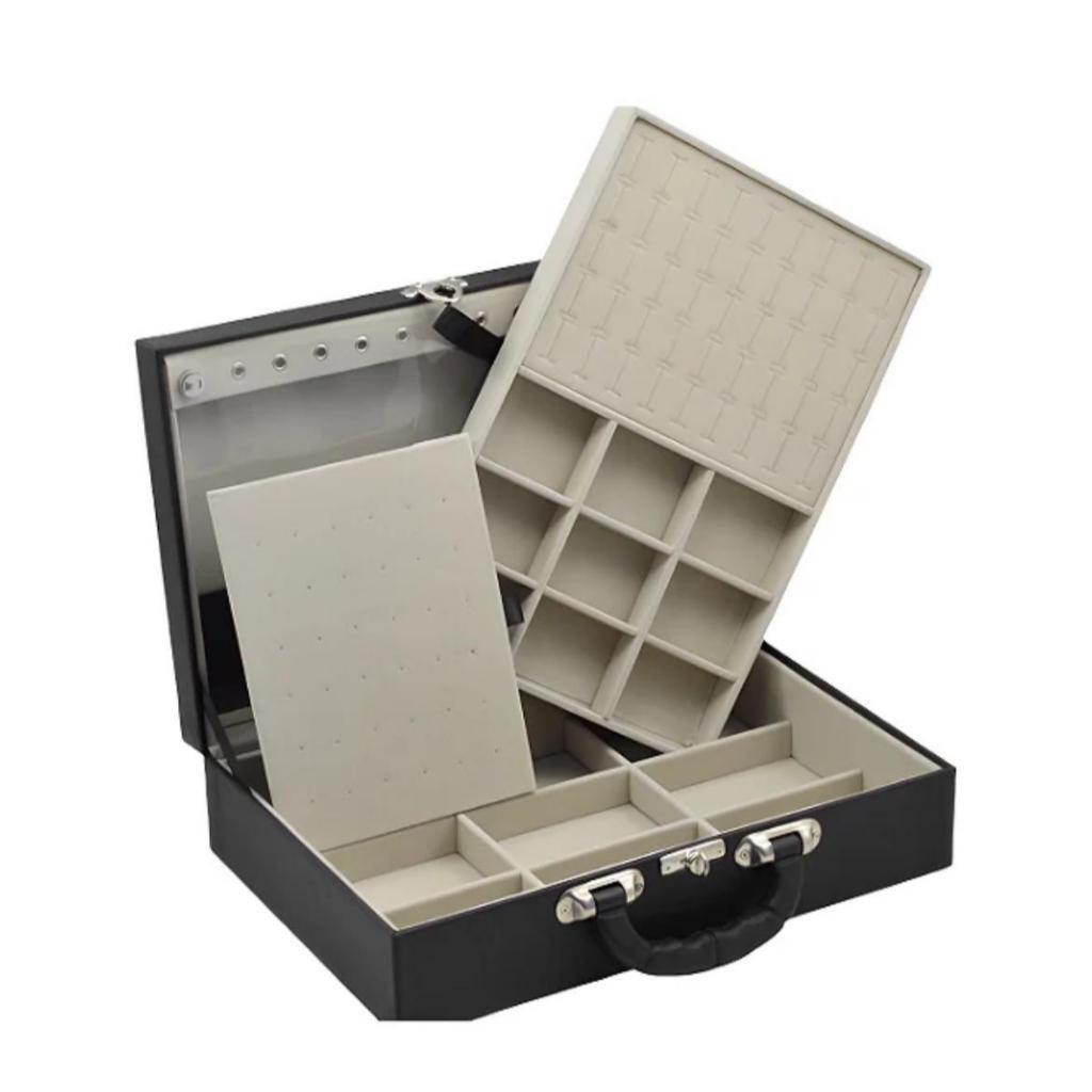 Maleta Porta Jóias Grande Dupla Com Espelho - Preta off white