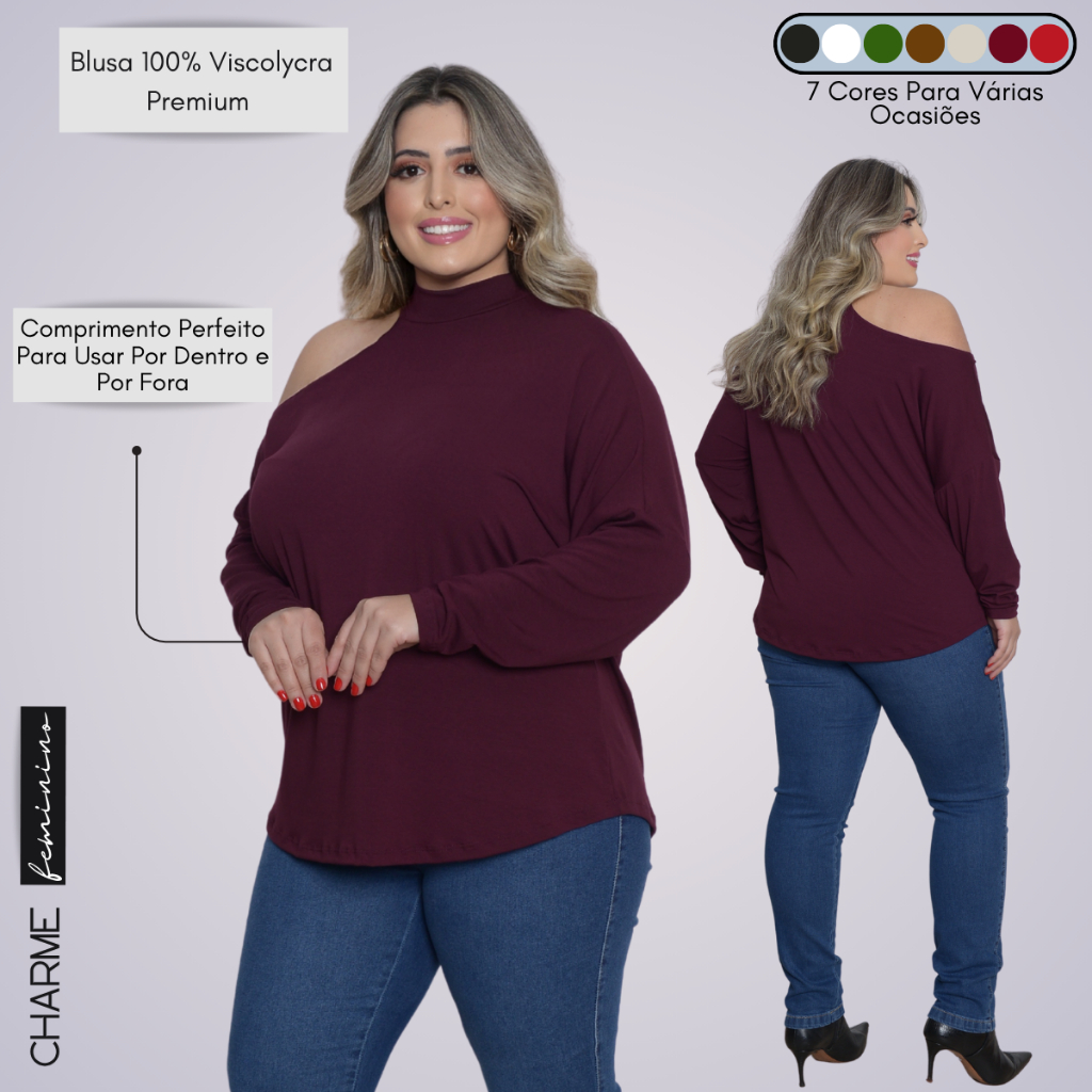Blusinha Soltinha Feminina Elegante Plus Size Manga Longa Gola Alta Ombro De Fora Inverno Blusa Frio