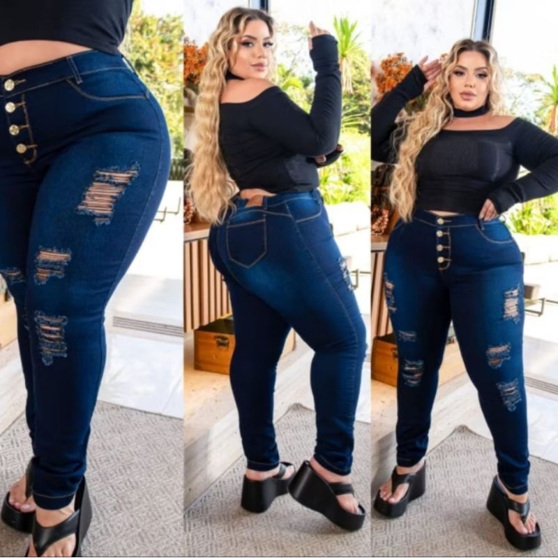 Calça Jeans Plus Size Rasgada 4 Botões skinny Lycra Cos Alto Elastano 48 ao 66 em Oferta na Shopee