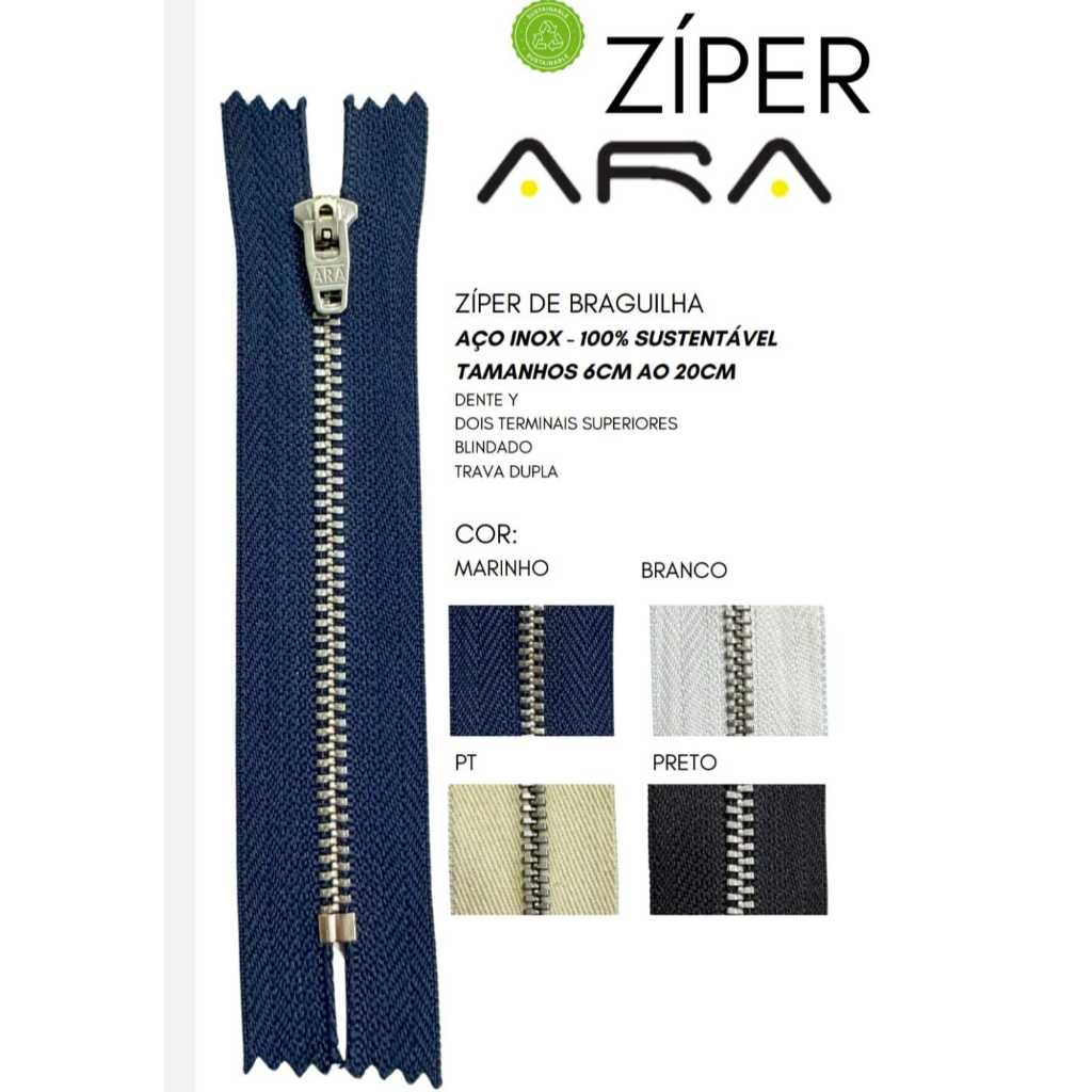 Zíper ARA de Metal Níquel para Jeans - 6 ao 20 cm - Azul, Branco e Preto