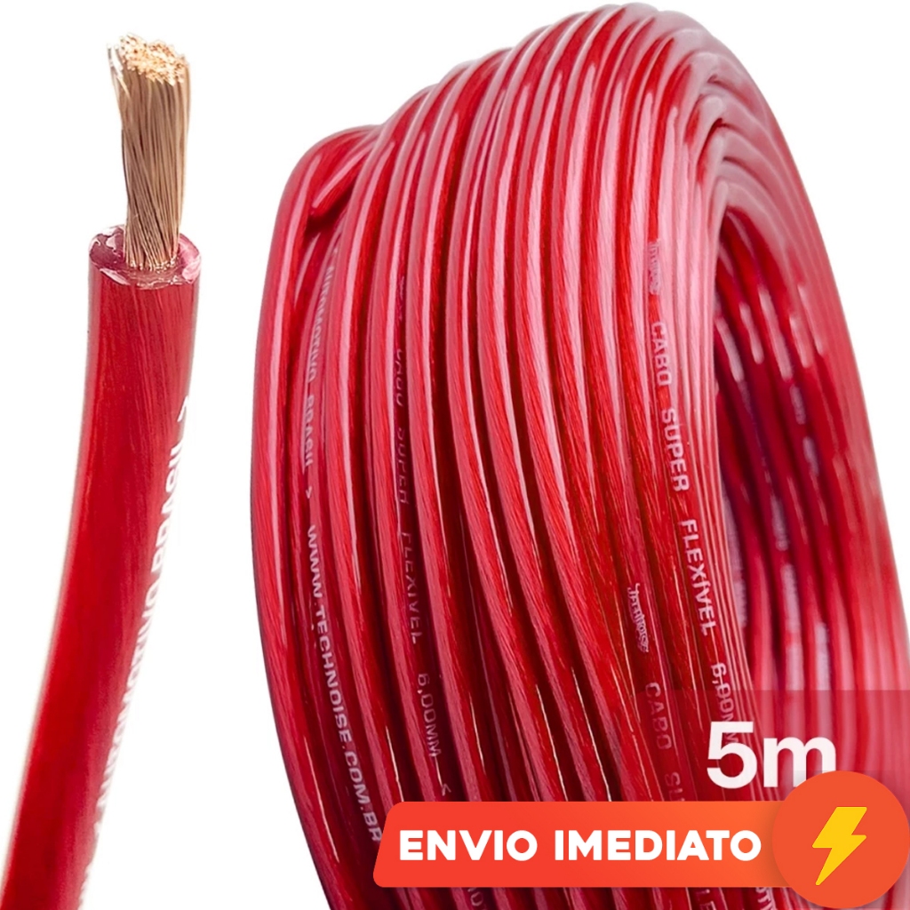 Cabo Bateria Som Automotivo 5 Metros Fio 21mm 9mm 6mm Vermelho Technoise Puro Modulo Força Som Automotivo