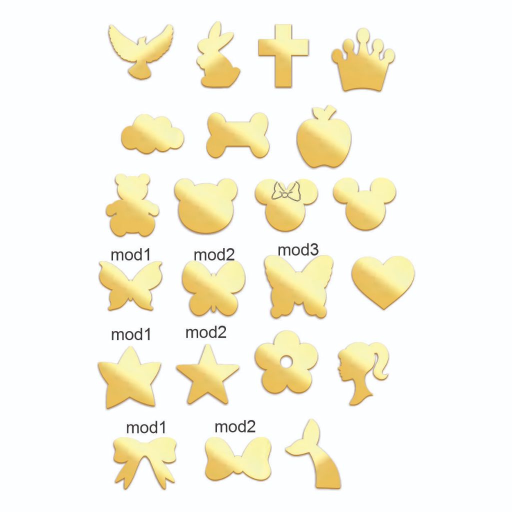 Kit 50 unidades - Mini Apliques Acrílico Espelhado Diversos Modelos com medida de  (1cm) são miniaturas.