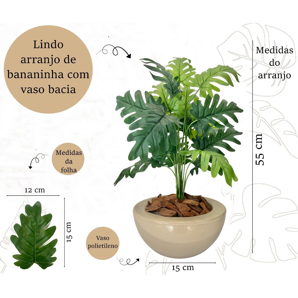 Planta Artificial Bananinha Com Vaso Bacia Liso Cores