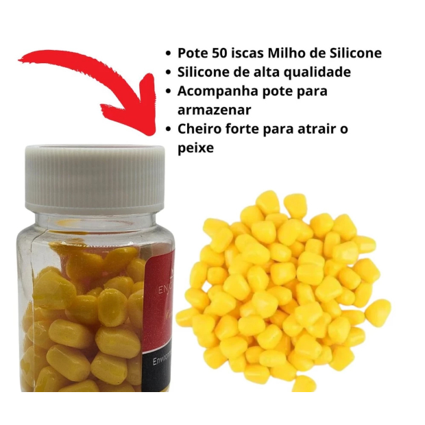 KIT Pote 50 iscas artificiais para pesca Milho ou miçanga de Silicone Piau Tilapia Carpa