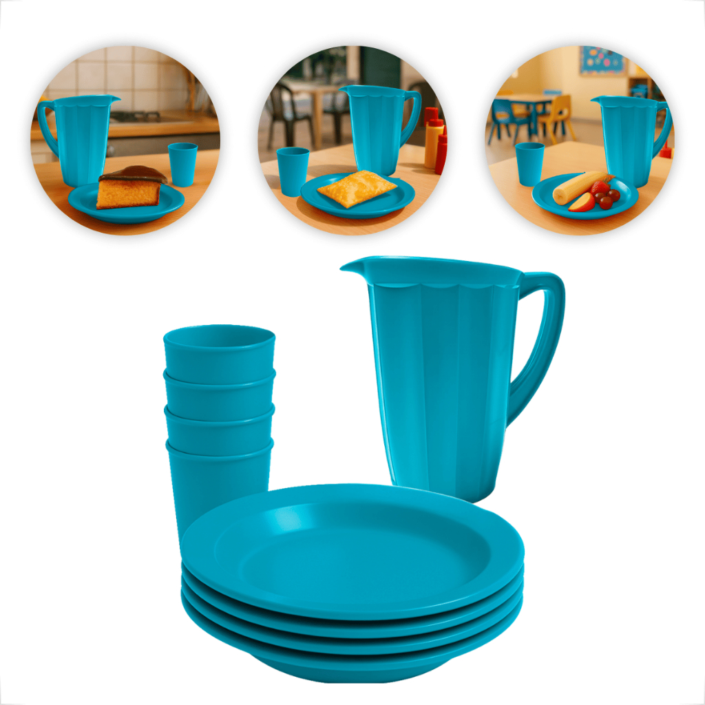 Kit Jarra 1,7L + 4 Pratos Fundos + 4 Copos 200Ml Plásticos Reutilizáveis P/ Escolas Creches Eventos em Oferta na Shopee