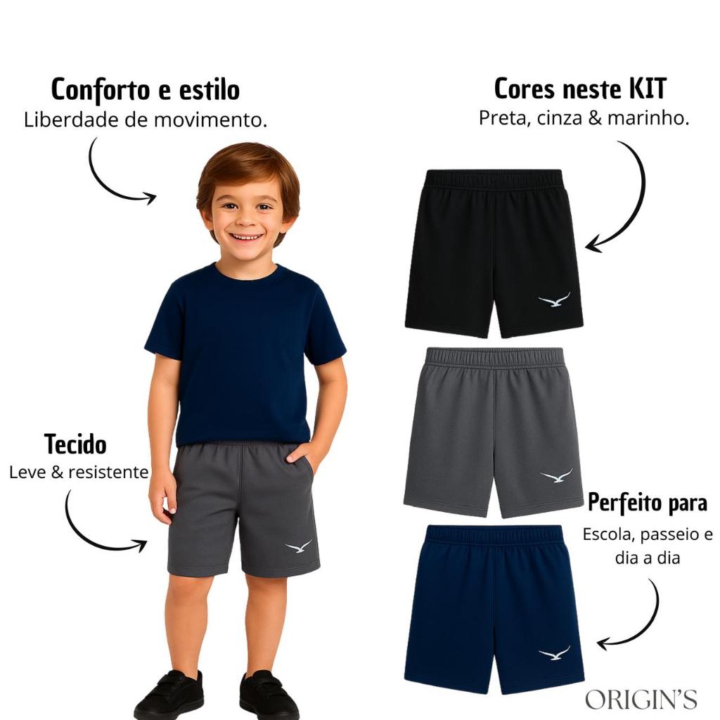 Kit 3 Shorts Bermuda Infantil Com Refletivo 04 á 16 Bermuda Escolar Bermuda De Menino