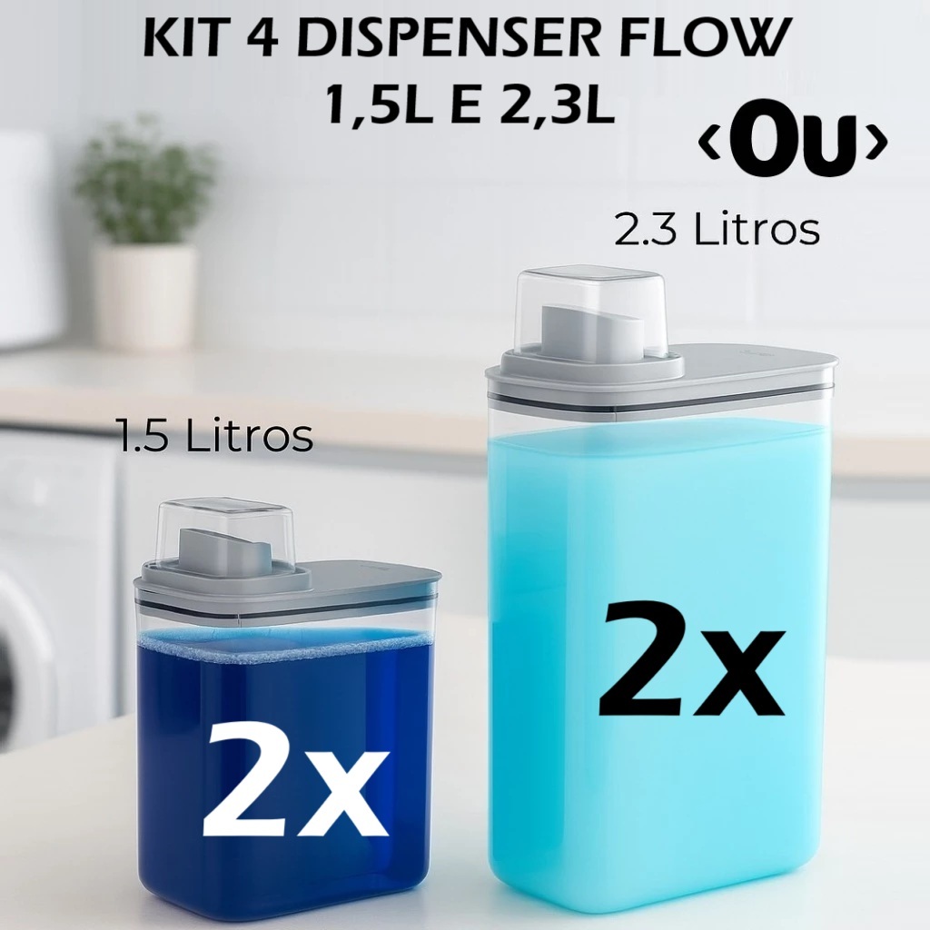 Kit 4 Peças Dispenser Flow 1,5 E 2,3 Litros Sabão Líquido Amaciante Produtos Limpeza Lavanderia Ou em Oferta na Shopee