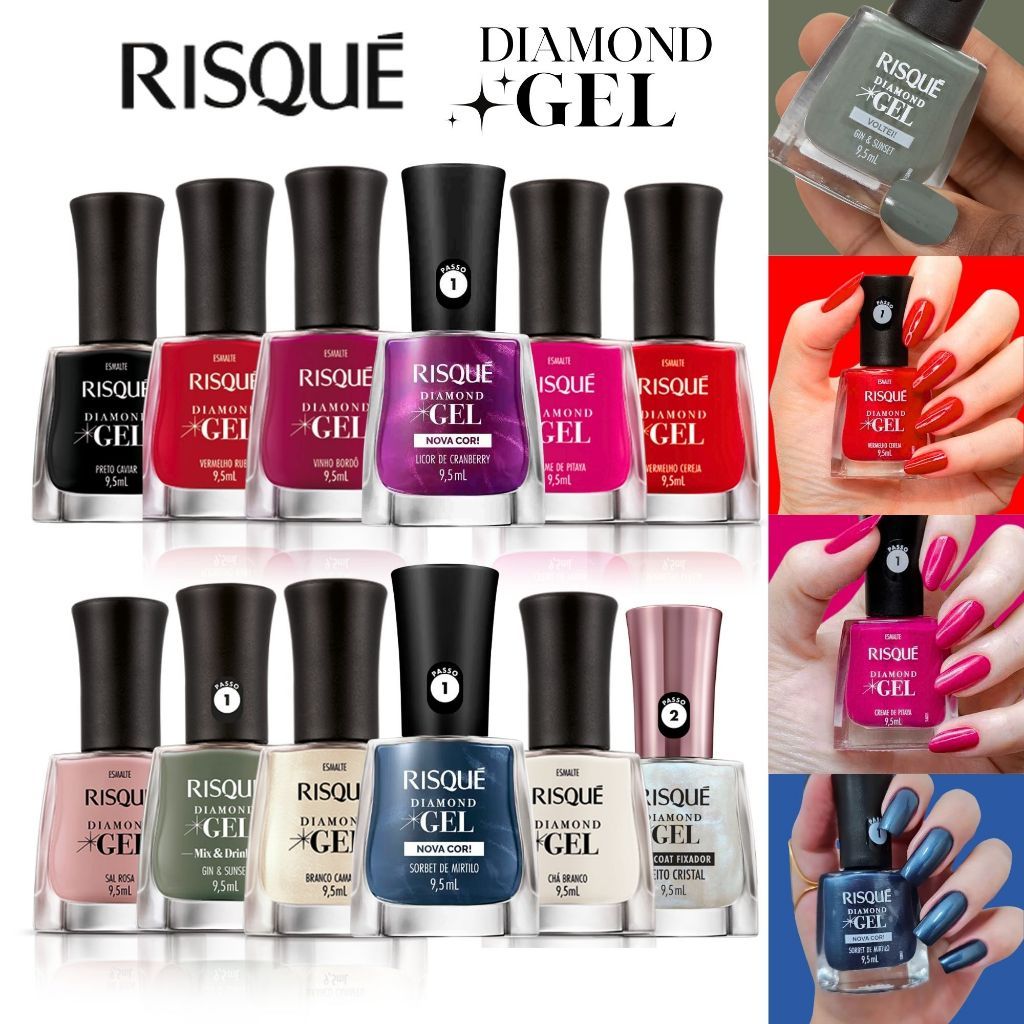 Kit Esmaltes Risqué Diamond Gel, escolha um dos kit com 4, 5, 6 ou 12 cores