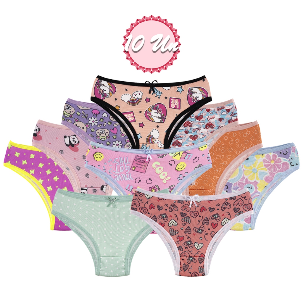 Kit 10 Calcinha Juvenil Estampada Menina Moça Feminina Tanga Conforto Infantil Forro 100% Algodão
