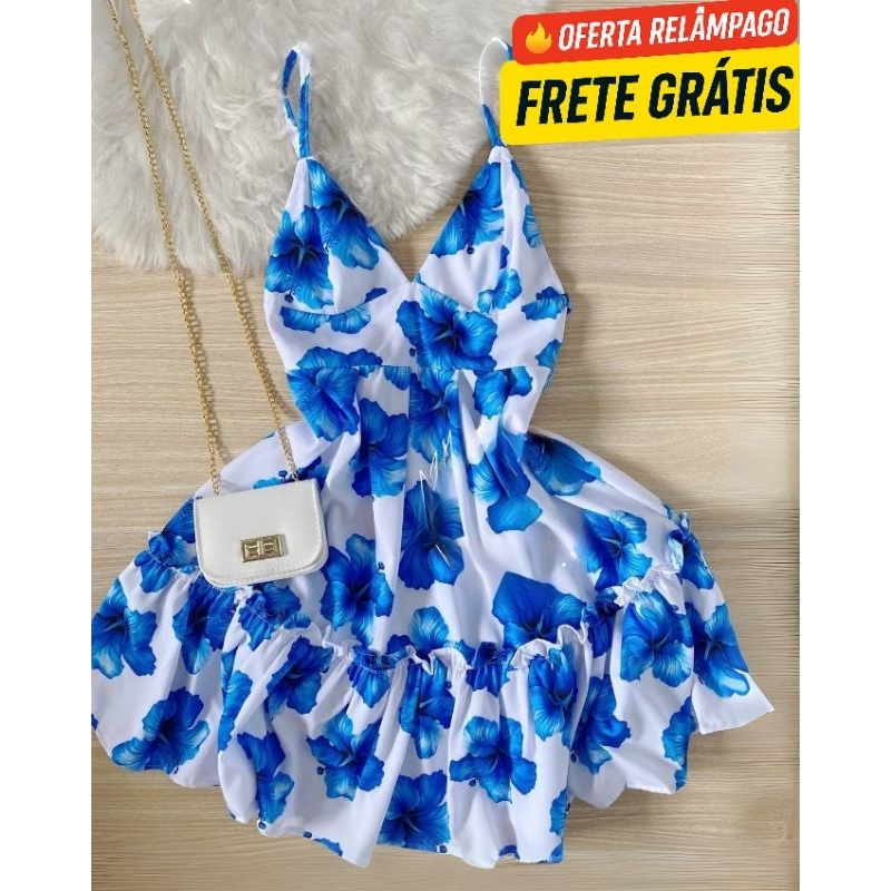 Vestido feminino alfaiataria  Paty Nordestina florido, estilo alfaiataria com babadinho e alcinha soltinho