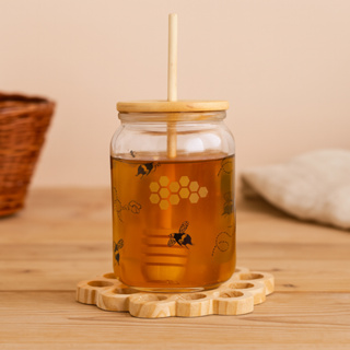 Meleira Decorada de Vidro 400ml com Colher Madeira Tampa e Base Pinus Mesa Café Cozinha Elegante em Oferta na Shopee