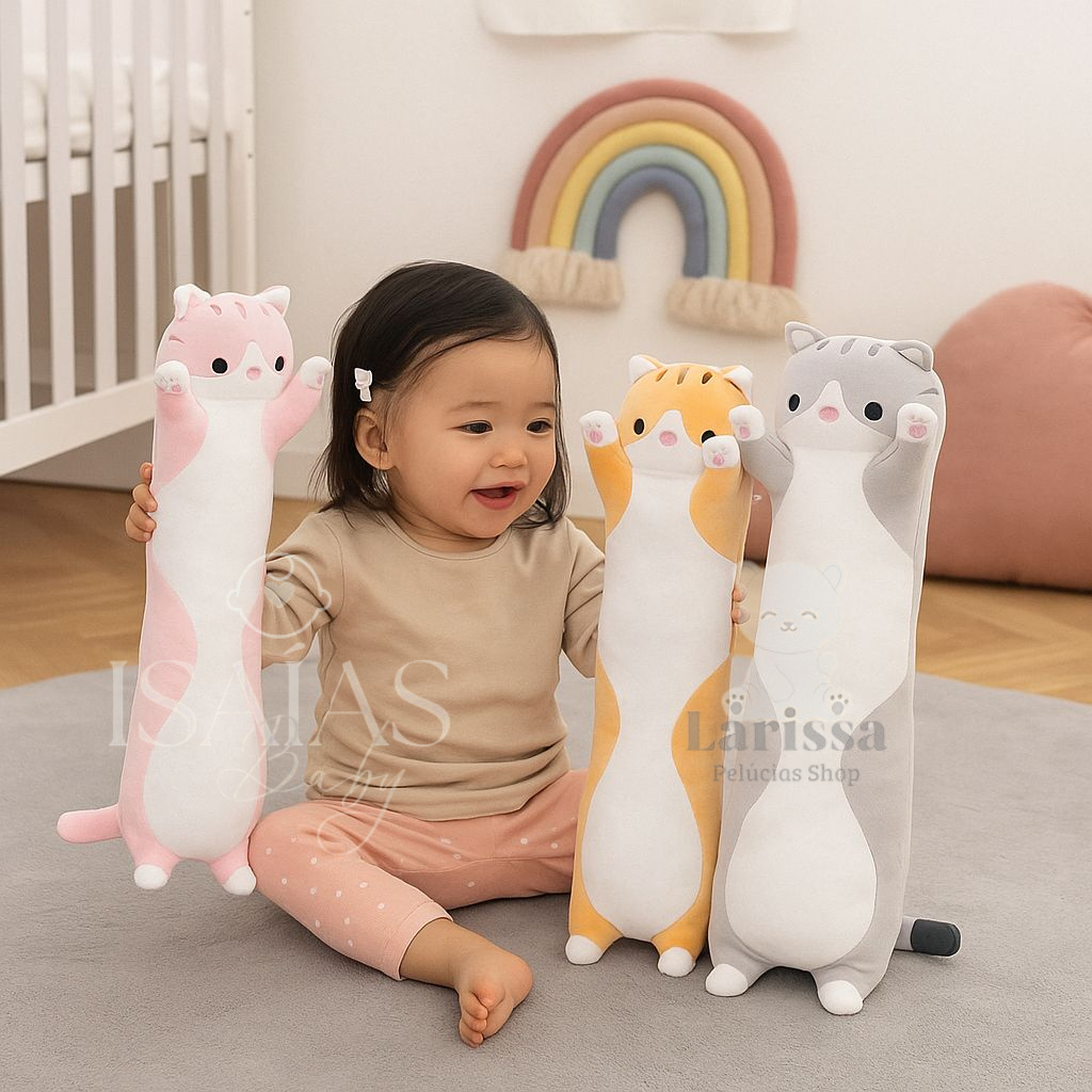 Kit com 3 Gatinhos Travesseiro de Pelúcia – Conforto e Fofura Sono Decoração Quarto Brinquedo