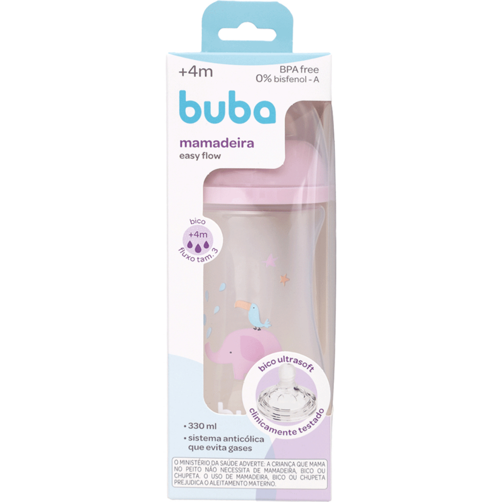 Mamadeira Buba 330ml Grande - Elefante Rosa - Ultra Soft - Sistema Anticólica Easy Flow – Fluxo 3 em Oferta na Shopee