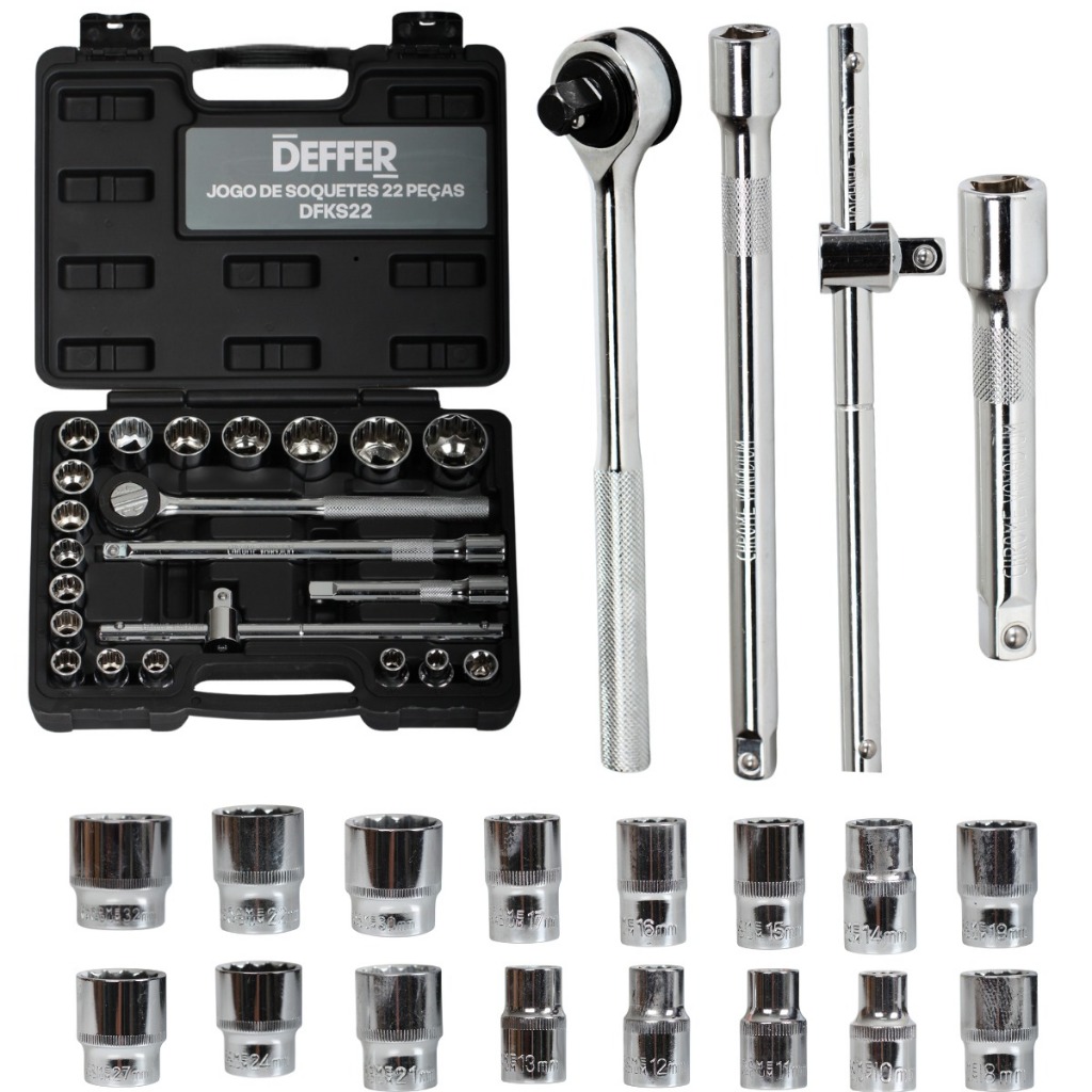 Imagem Kit de Chave Catraca Profissional  Com 22 Soquetes Reversível 1/2 Polegada - DEFFER