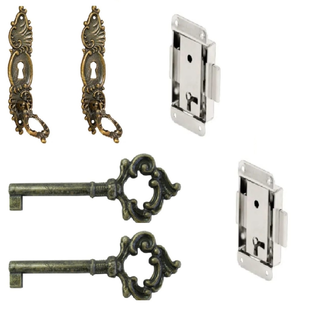 Kit Com 2 fechadura + Chave Antiga + Puxador  Embutir Armário Guarda Roupa