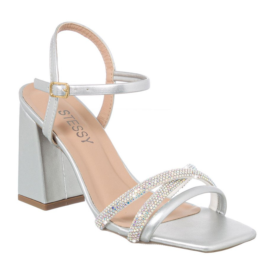 Sandália Feminina Salto Alto Bloco Bico Quadrado Tiras Strass Festa Brilho Confortável Luxo Stessy em Oferta na Shopee