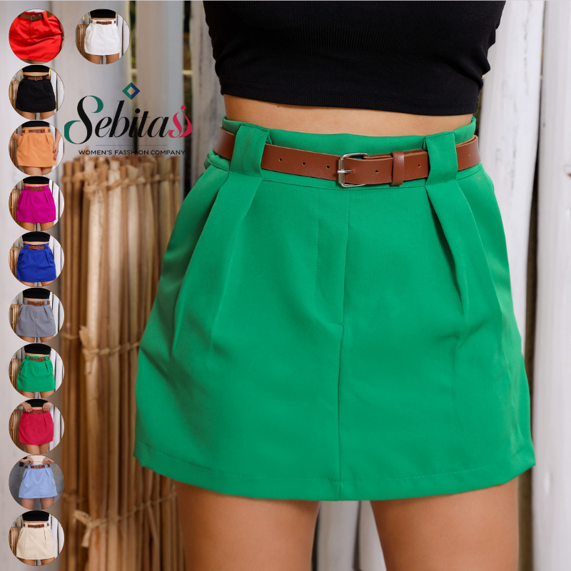 Short Saia Feminino Alfaiataria Social Com Cinto Cintura Alta Com Bolsos