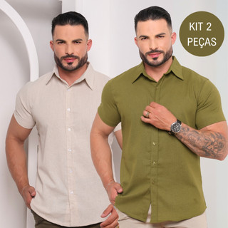 Kit Com 2 Camisa Social Masculina Linho Manga Curta Slim Fit Verao