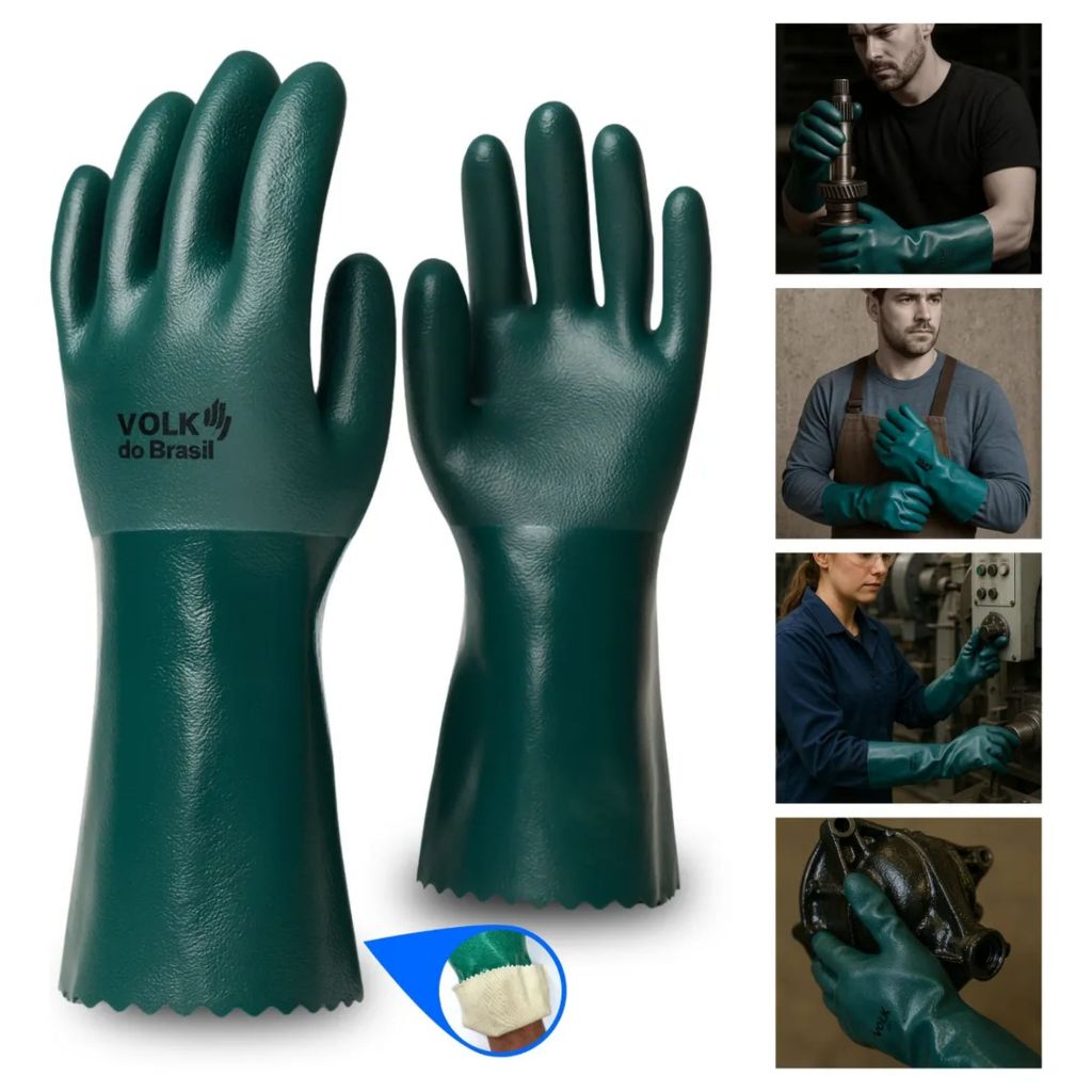 Luva De PVC 36cm Verde Cano Médio Forrada Palma Áspera Resistente Proteção Química Esgoto Epi Volk
