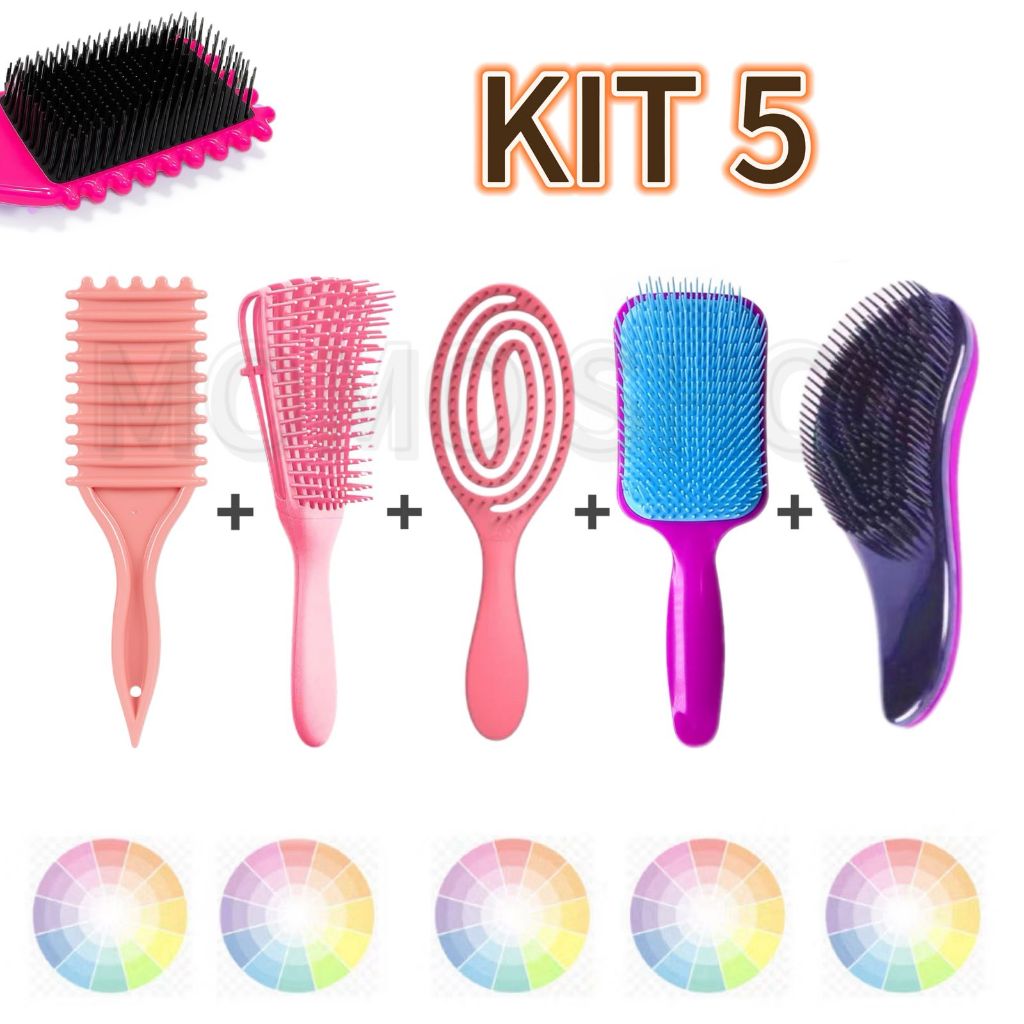 Kit 5 Escovas Para os Cabelos, Onda, Polvo, Flexivel, Raquete, Mágica. em Oferta na Shopee