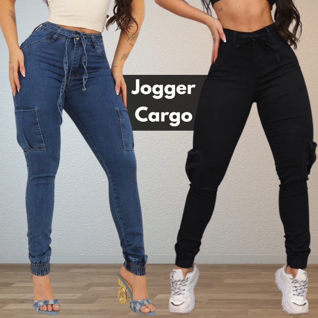 Calça Cargo Feminina Jogger Jeans com Lycra Lateral Cordão e Punho Moda Premium em Oferta na Shopee