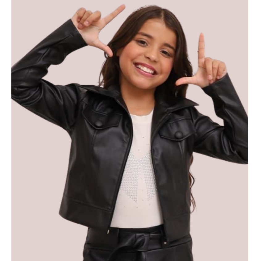 Jaqueta Couro Fake Feminino Juvenil Infantil Estilo Blogueirinha Preto  8 -14 anos