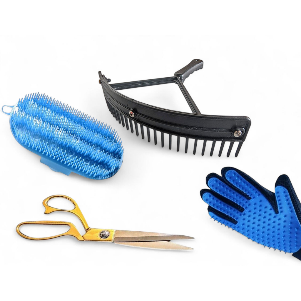 Kit limpeza de cavalo pente para crina + tesoura para crina + luva tira pelos + raspadeira rígida
