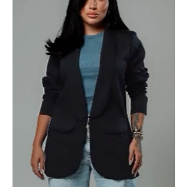 Blazer Feminino Estilo Alfaiataria Acinturado com Bolsos Falso Elegante Casual Social Clássico Preto Outono/Inverno