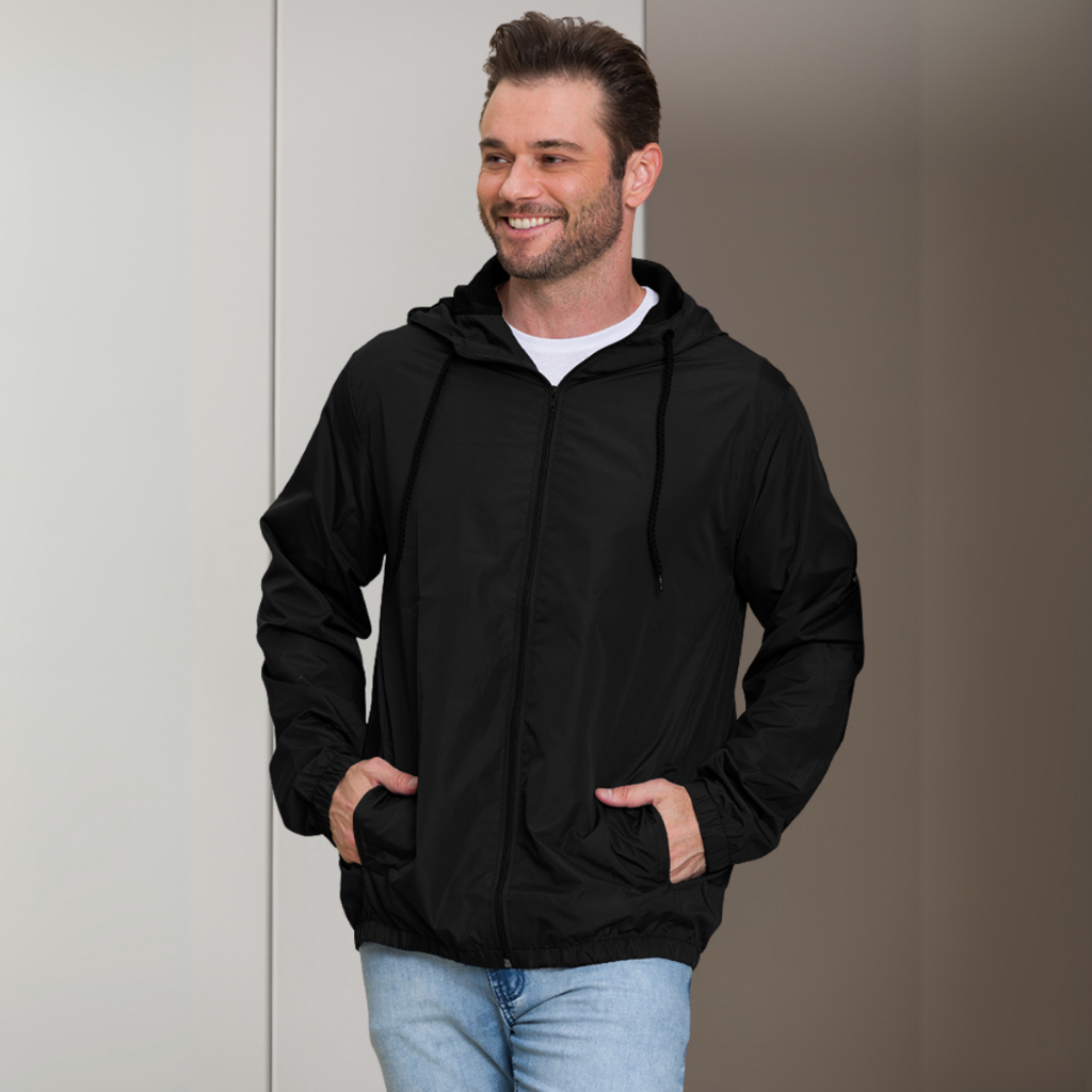 Jaqueta Masculina Corta Vento Impermeável com Capuz Punho e Barra Canelada Cordão Casaco Nylon