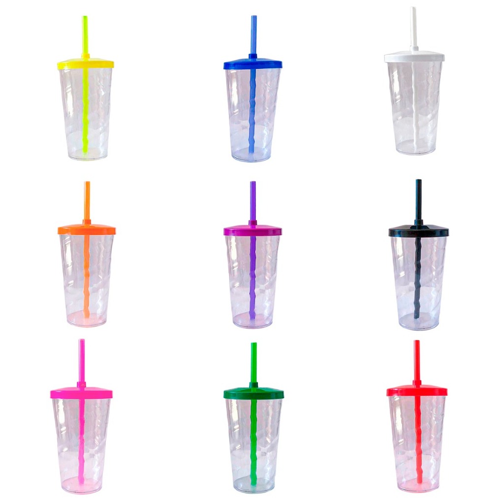 KIT 10 COPOS TWISTER CRISTAL  TRANSPARENTE 300ML COM TAMPA E CANUDO COLORIDOS PARA  PERSONALIZAR