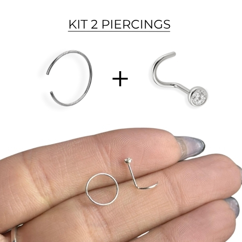 Kit 2 Piercings Nariz Nostril Argola Lisa 8mm e Ponto de Luz 1.75mm Prata 925 Unissex