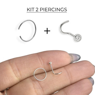 Kit 2 Piercings Nariz Nostril Argola Lisa 8mm e Ponto de Luz 1.75mm Prata 925 Unissex