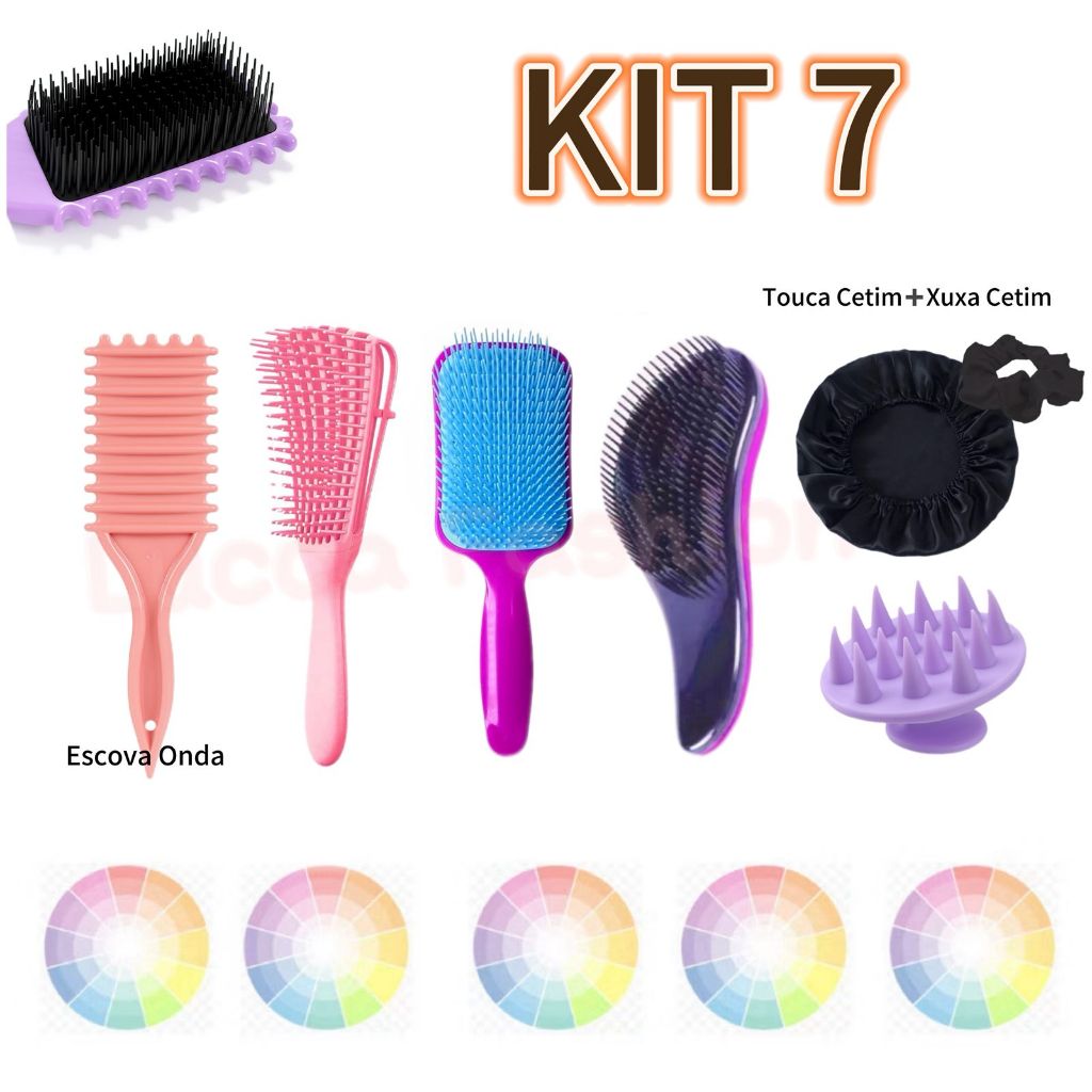 kit com 7 Itens Escova Onda/Polvo/Raquete/Mágica/Touca de Cetim/Xuxa de Cetim/ Escova Massageadora em Oferta na Shopee
