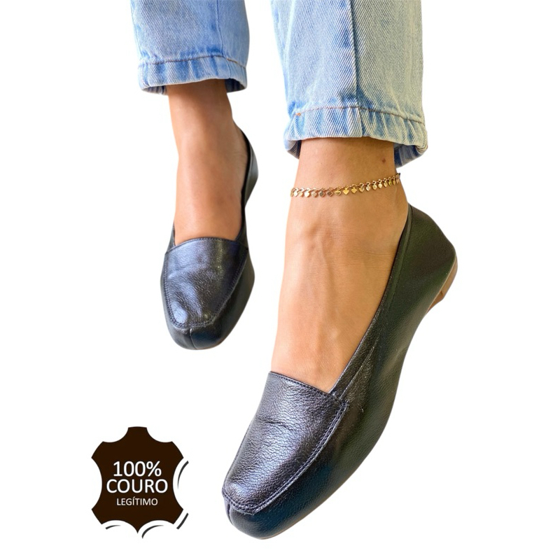 Sapato Mocassim Sapatilha Feminino Preto Couro Legítimo Macio Excelente Qualidade Conforto Casual