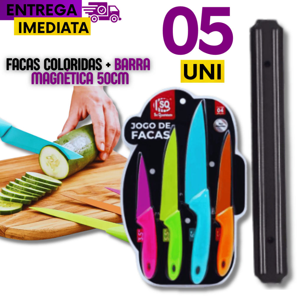 Kit 05 -  4 Facas Coloridas  Aço Inoxidável Linha Premium + 1 Barra Magnética 50cm Variáveis Utilidades Casa Cozinha Bar