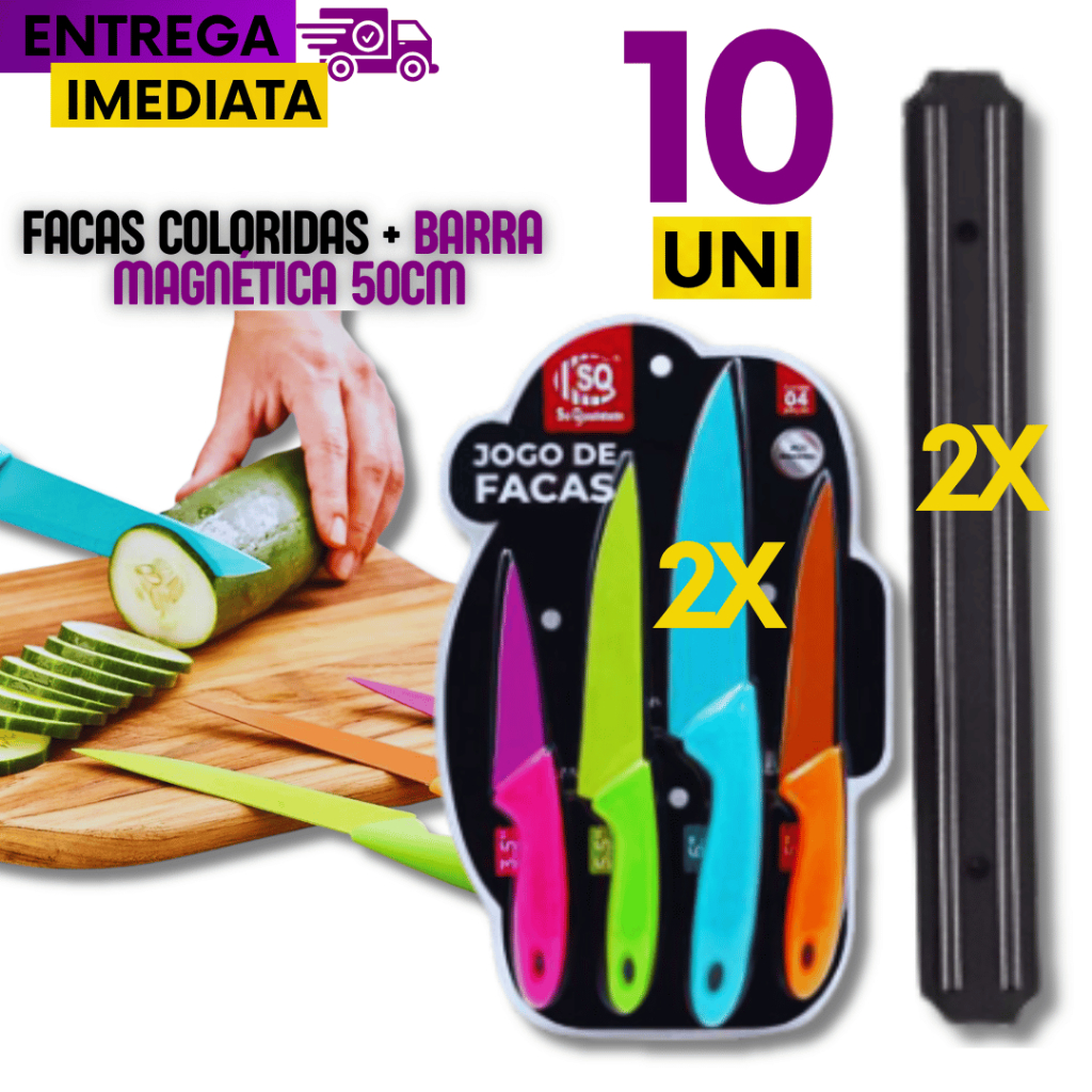 10 Uni -  8 Facas Coloridas  Aço Inoxidável Linha Premium + 2 Barra Magnética 50cm Variáveis Utilidades Casa Cozinha Bar