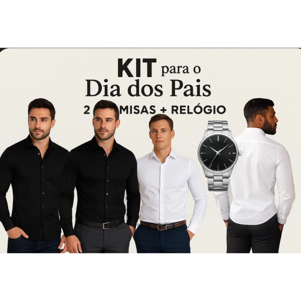 Kit Dia Dos Pais 2 Camisa Social Manga Longa + Relógio ( modelos enviado aleatório)