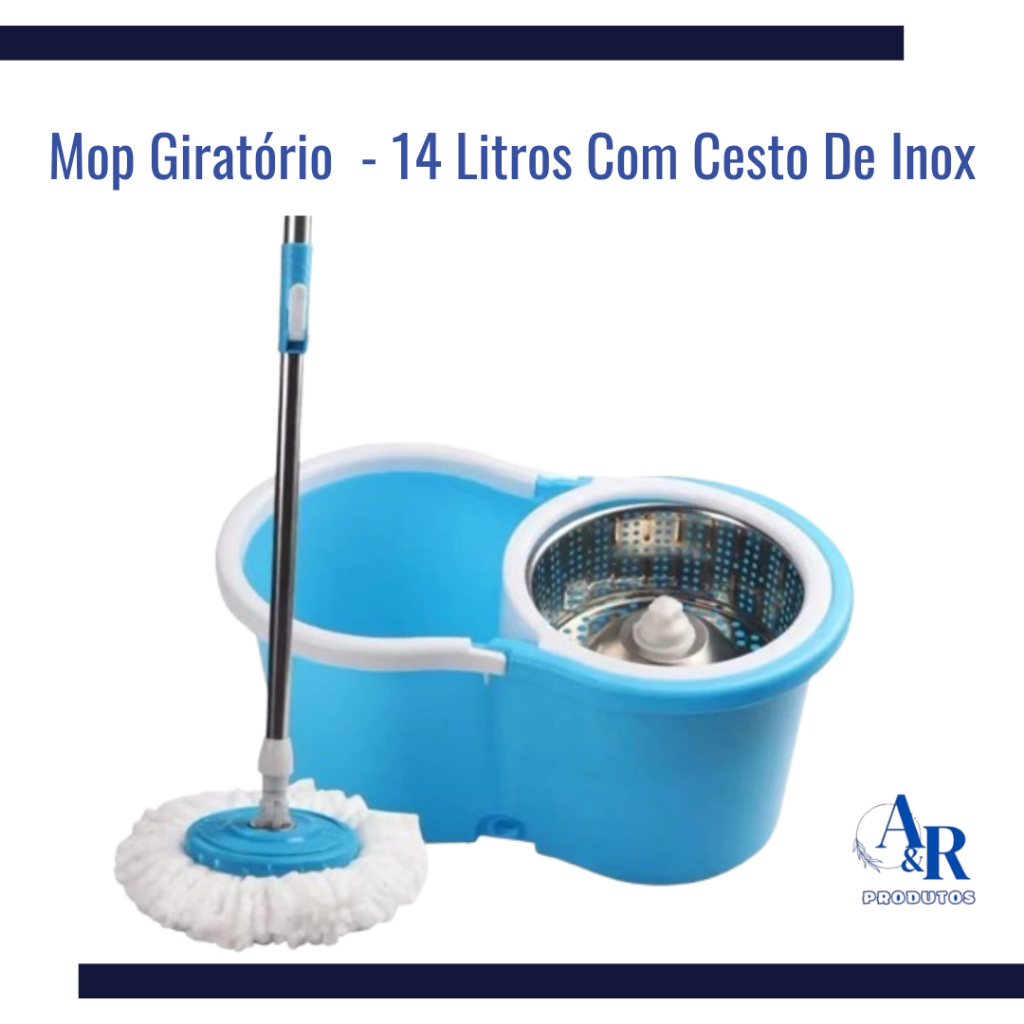 Mop Giratório Inox 360°Cabo Aço Inox Cesto Aço Inox Com Balde 14/10 Litros