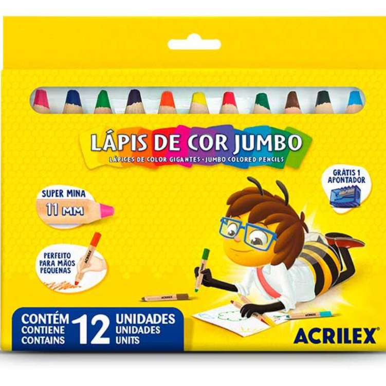 Lápis De Cor Jumbo Redondo 12 Cores + Apontador ACRILEX
