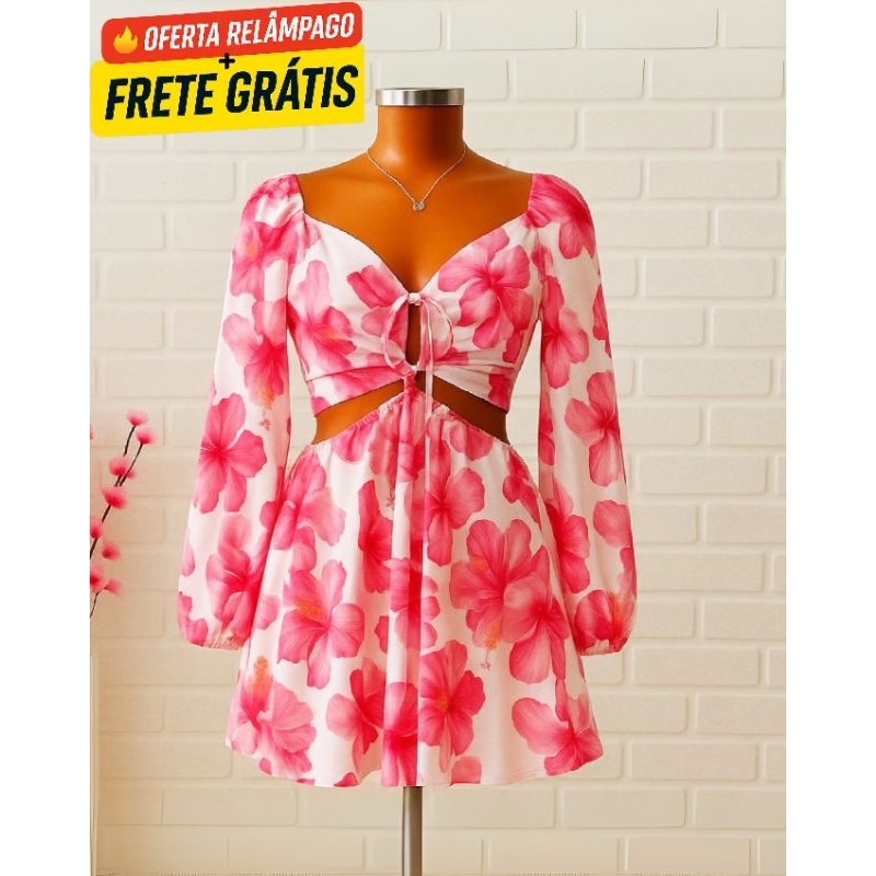 Macaquinho Feminino Manga Longa Vazado Short Saia Crepe Floral estampa vestido floral
