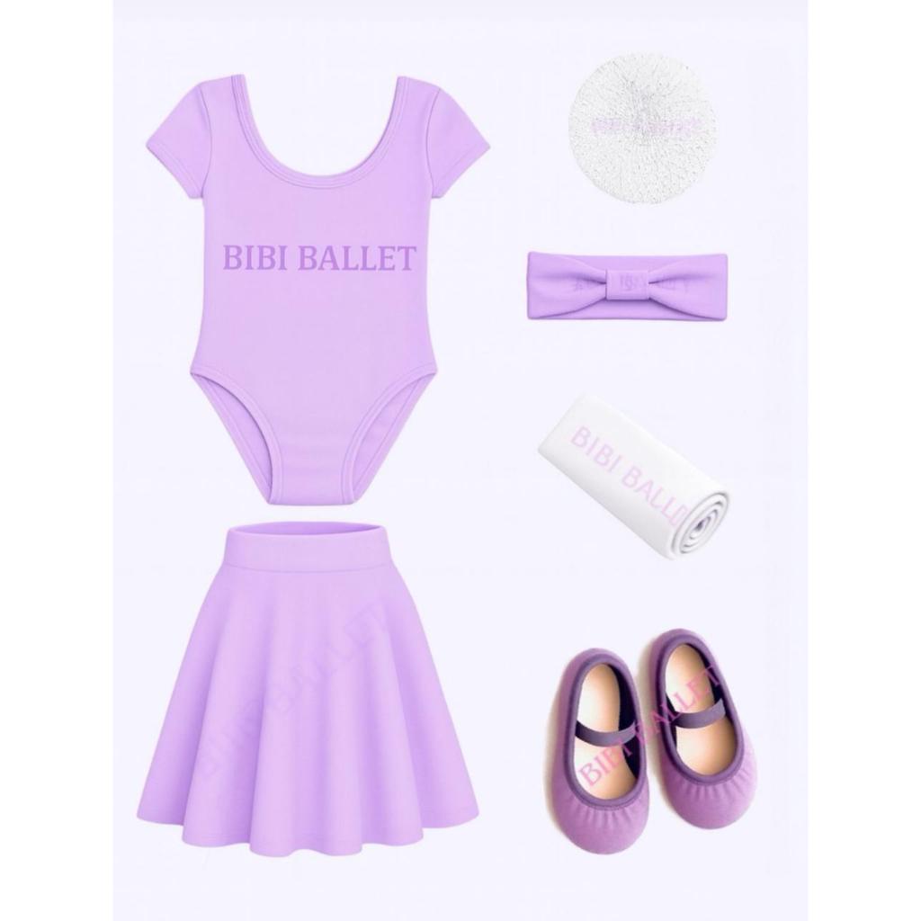 Kit 6 Itens (Ballet/Jazz Infantil) - Collant Com Manga, Saia de Cós, Sapatilha, Faixa (LILÁS) e Rede e Meia (BRANCO)