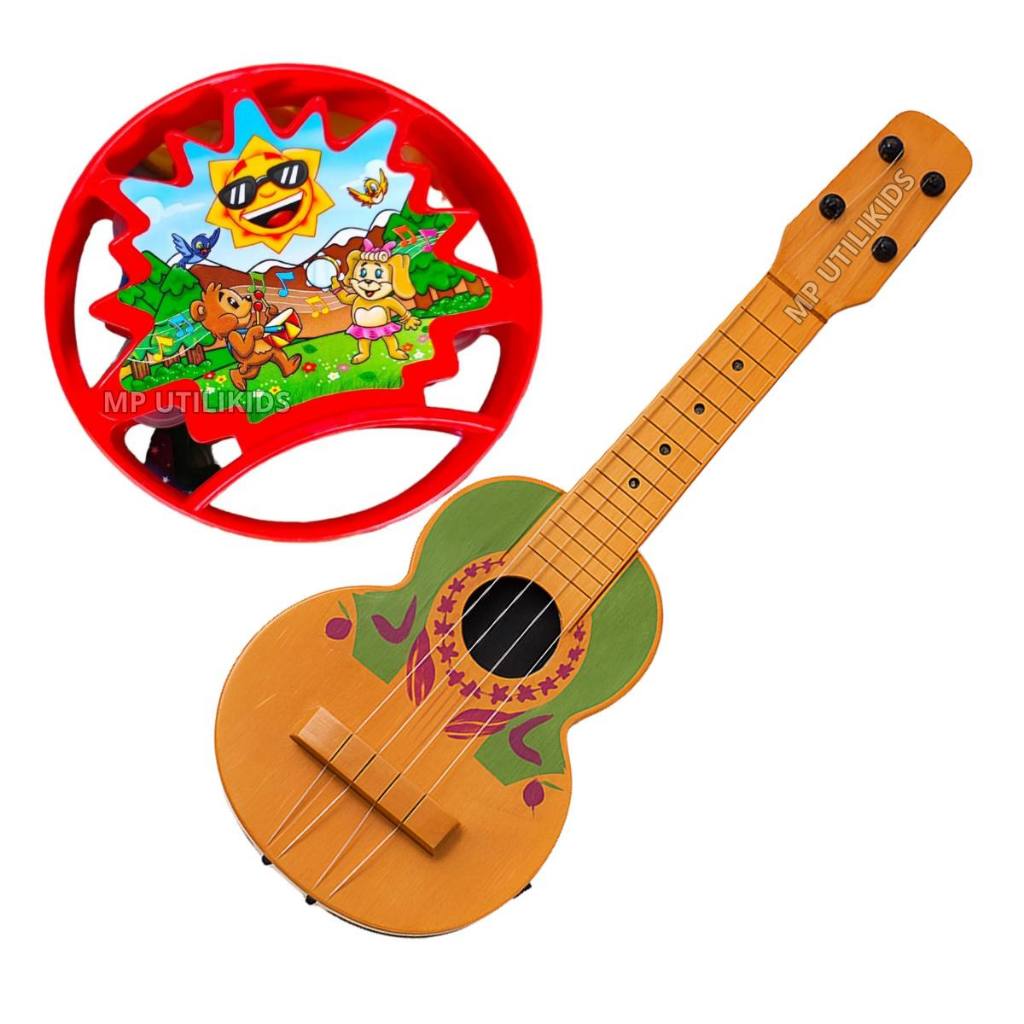 Pandeiro Estrela Kit 2 Instrumentos Musical Divertido Viola Violinha Efucacional Divertido Colorido
