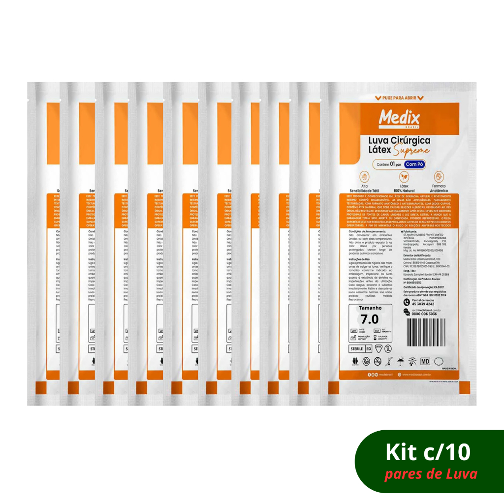 Luva Cirúrgica Látex Com Pó Tamanho 7,0 Medix - Kit com 10 pares