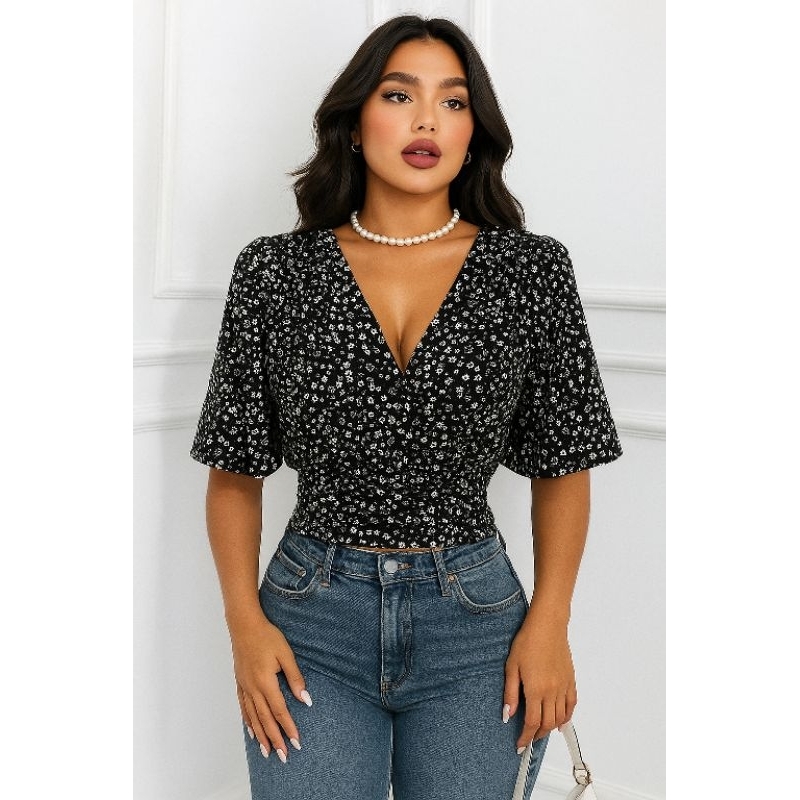 Cropped Femenino Estampado Manga Princesa Bufante Curta Decote em V Duna Verão